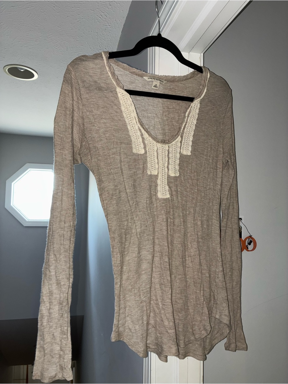Long Sleeve Cream Lace Trim Taupe Women's Top